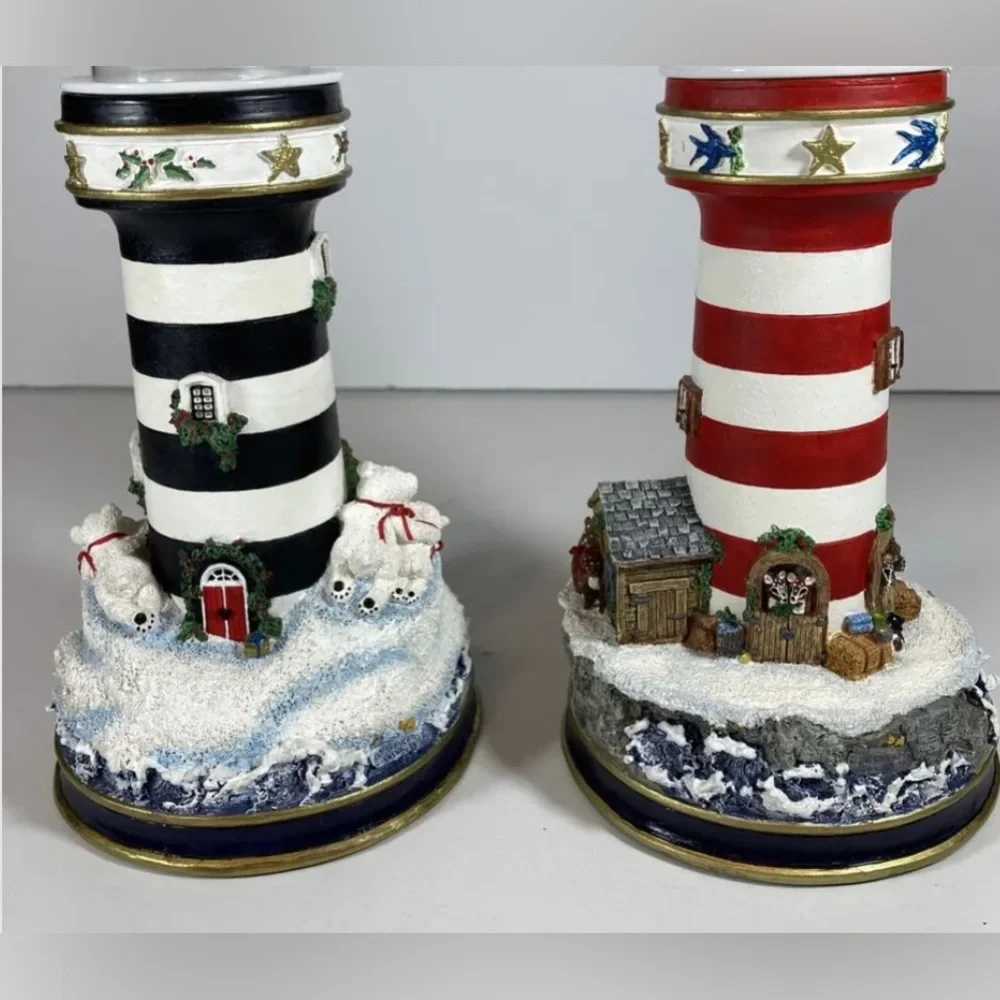 Pair of Danbury Mint Lighthouse Candle Holders‎ Christmas Santa Polar Bear